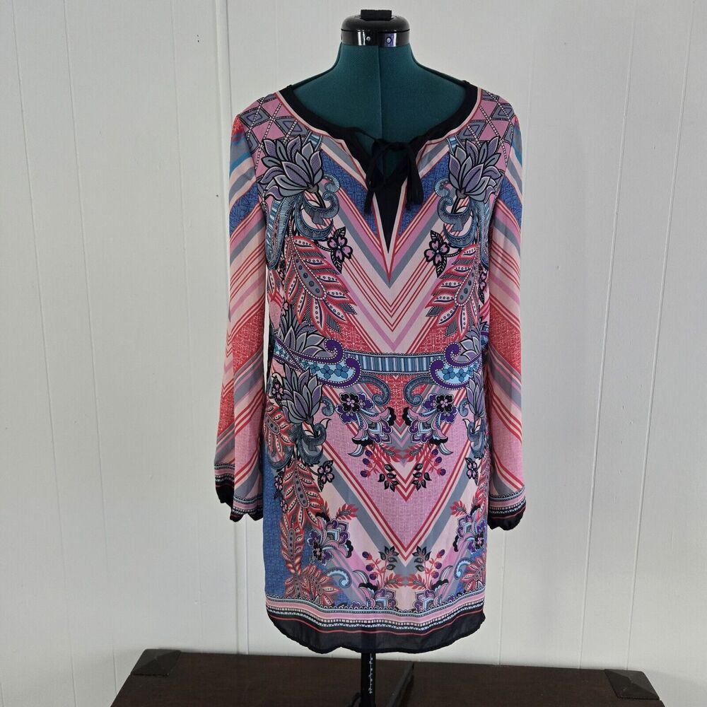 Peach Puff Short Dress Lightweight Geometric Print Tie‎ Neckline Womens Size Med